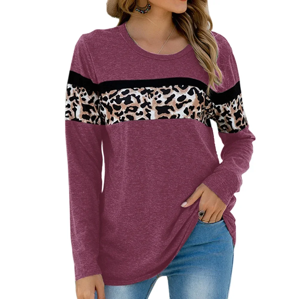 Spring and Autumn Women Fashion Round Neck Patchwork Leopard Print T-Shirt Casual Fashion Pullover Long Sleeve Loose Tops