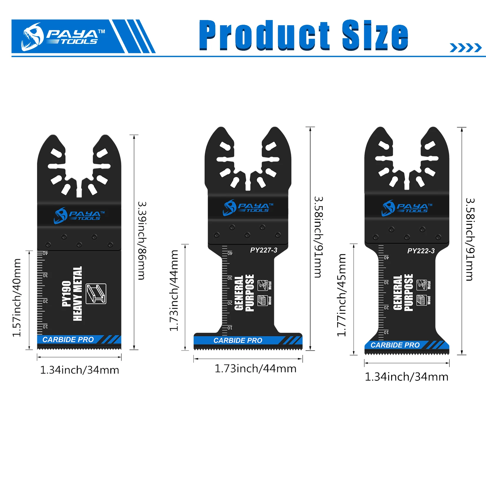 3PCS Carbide Tipped Oscillating Saw Blade Set General Purpose Multitool Blades Quick Release for Metal Nail Wood Plaster Drywall