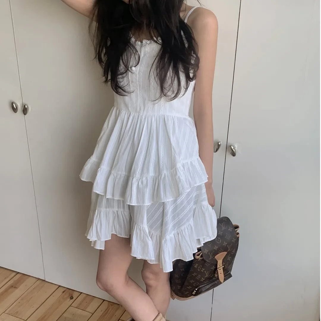 

Шикарная кружевная многослойная юбка с оборками и бретелями для женщин, летний дизайн, короткая юбка в корейском стиле, весна-осень-зима