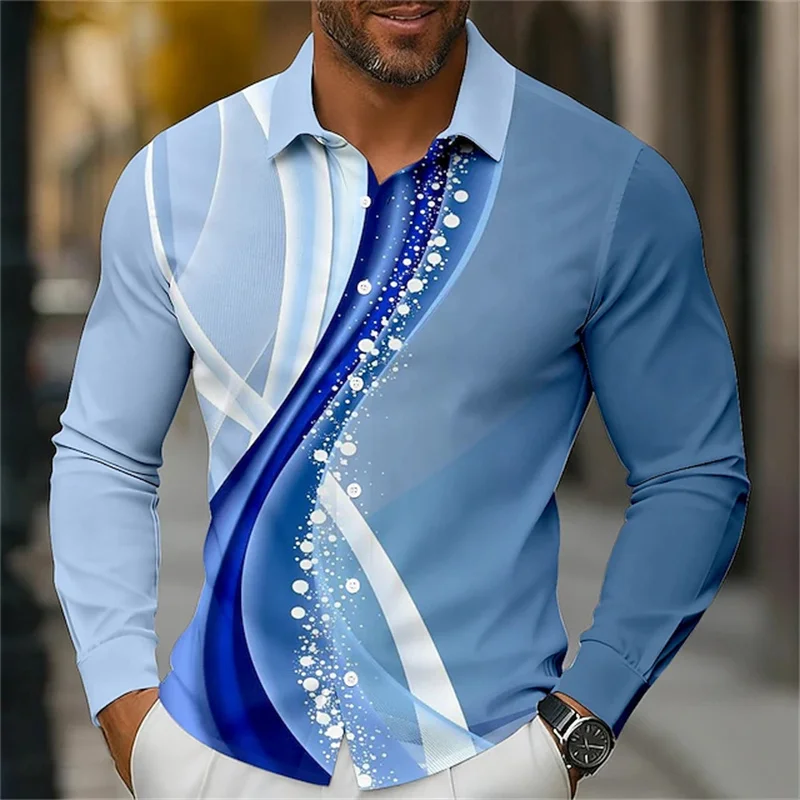 

Men's geometric gradient wave button-down shirt, long-sleeved, fashionable, casual, everyday, autumn/winter, collared shirt
