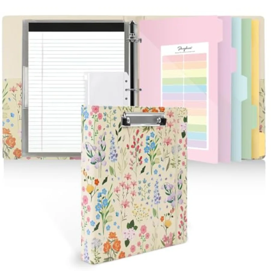

1 Inch 3-Ring Binder with Clipboard, PU Aesthetic Binder with 5 Dividers, Notepad, Stickers and Pockets for Work and School Let