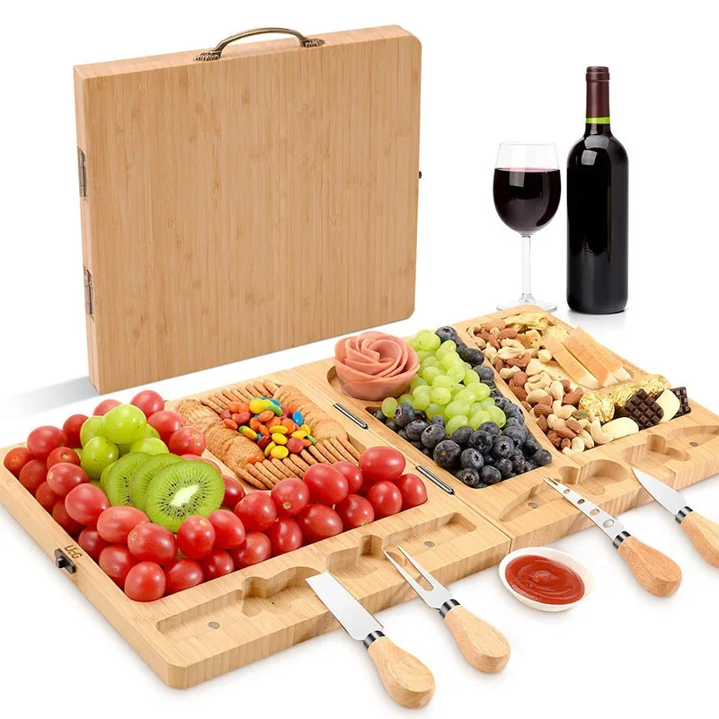 

Customized bamboo and wood foldable cheese set with handle, hot sale cross-border portable portable travel cheese cutting board