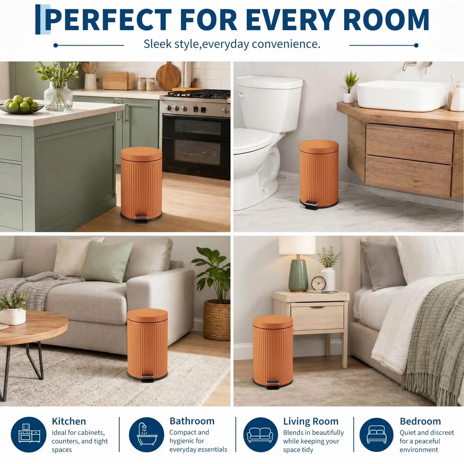 5L Small Round Trash Can with Soft-Close Lid – Step-On Pedal, Removable Inner Bucket, Non-Slip Base – for Bathroom, Kitchen, Bedroom