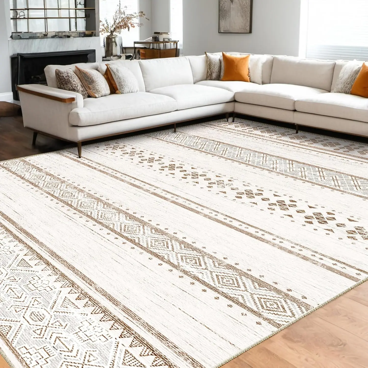 BESTSWEETIE 9x12 Area Rug for Living Room Washable Rug Moroccan Farmhouse Neutral Geometric Soft Non-Slip Low Pile Water