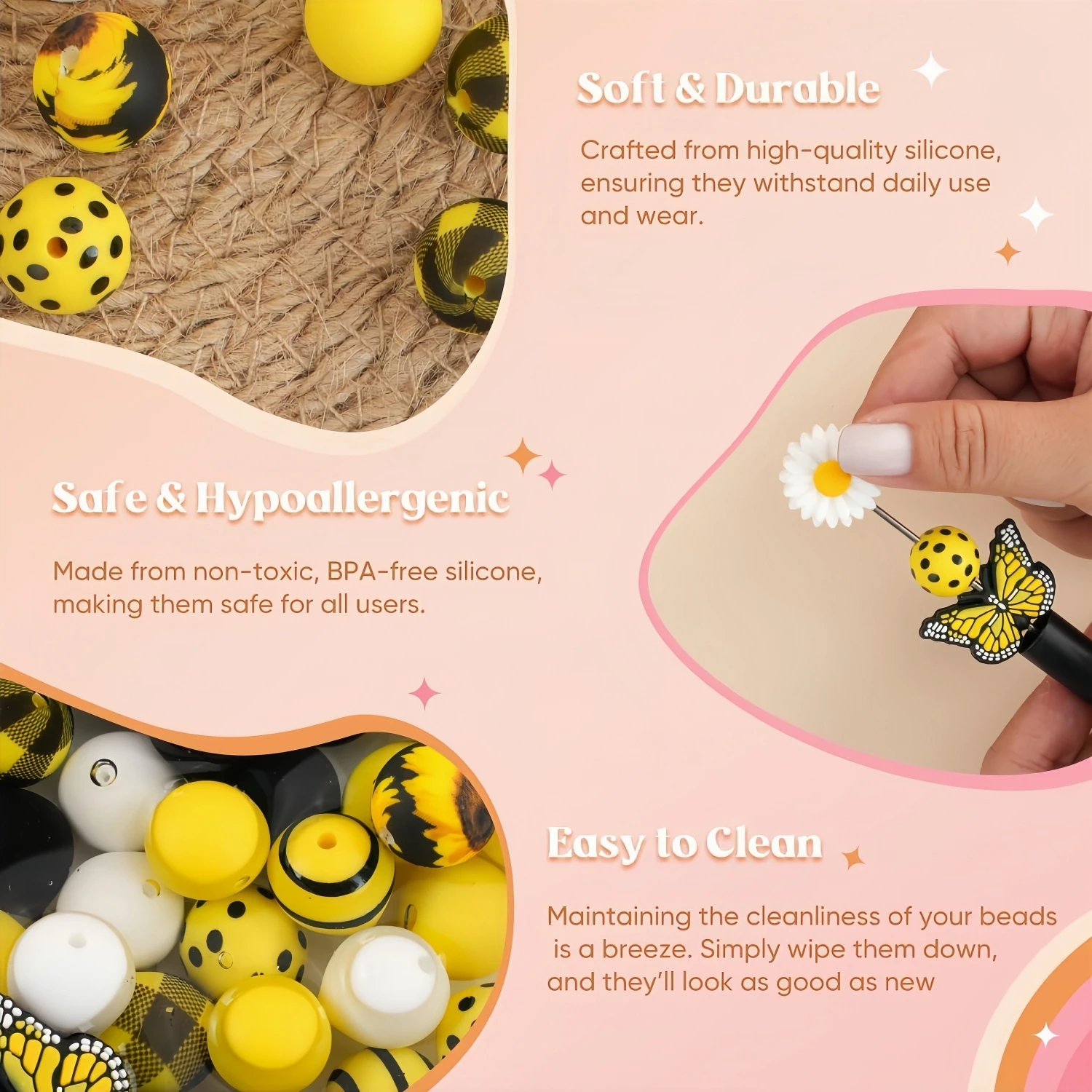 44/84Pcs Yellow Butterfly Silicone Beads White Daisy Shape Silicone Focus Beads Pen, Colorful Silicone Beads Bulk Diy, 15mm Silicone Beads Keychain Making Jewelry Crafts