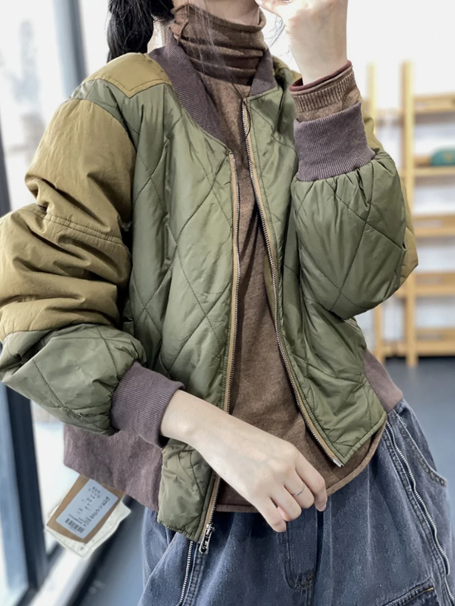 Autumn and Winter New Patchwork Contrast Color Plaid Loose Casual Korean Sle Rhombus Age-Reducing down Jacket Baseball Unif...