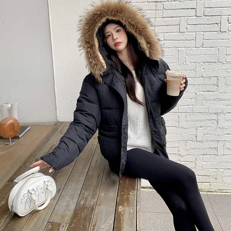 Autunno Inverno Vestiti imbottiti in cotone Parka Piumino in cotone Collo in pelliccia Con cappuccio Donna Spessa calda antivento Tasche grandi