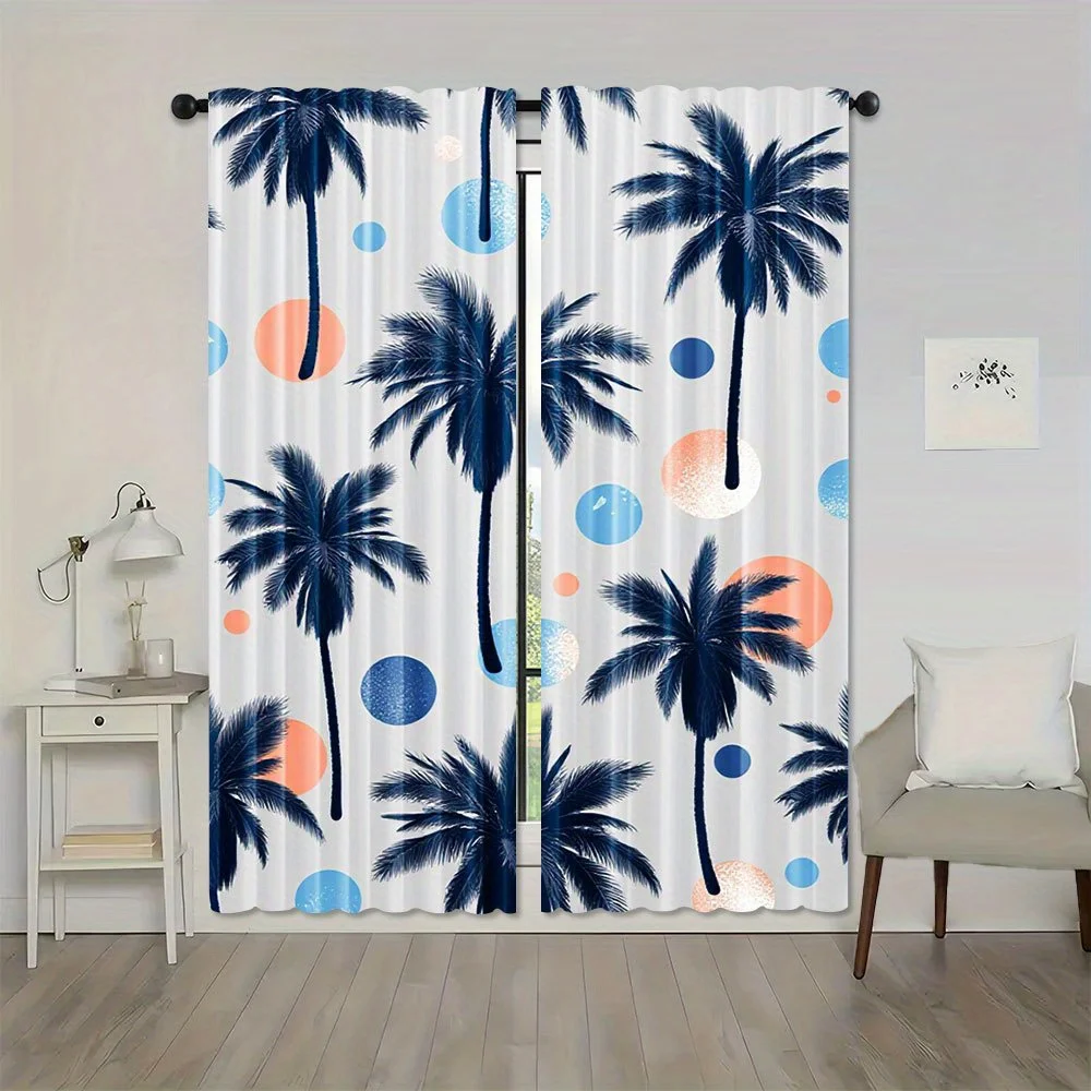 2pcs, Tropical Palm Tree Summer Design Polyester Curtains Light Filtering Rod Pocket Drapes for Bedroom Living Room Office Machi