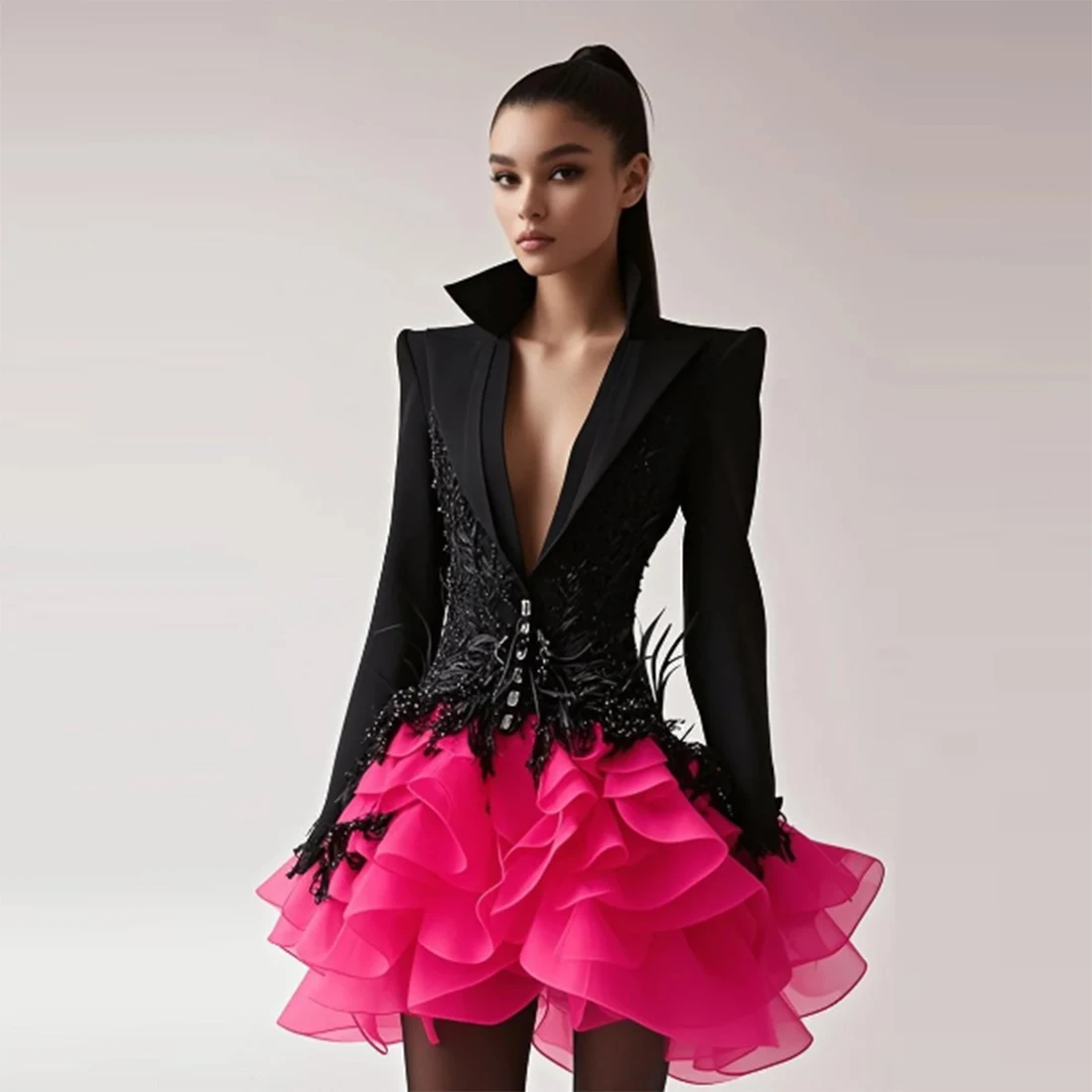 

Deep V Neck Black And Fuchsia Evening Gowns Long Sleeves Lace Appliques Tiered Tulle Prom Dress Above Knee Cocktail Party Dress