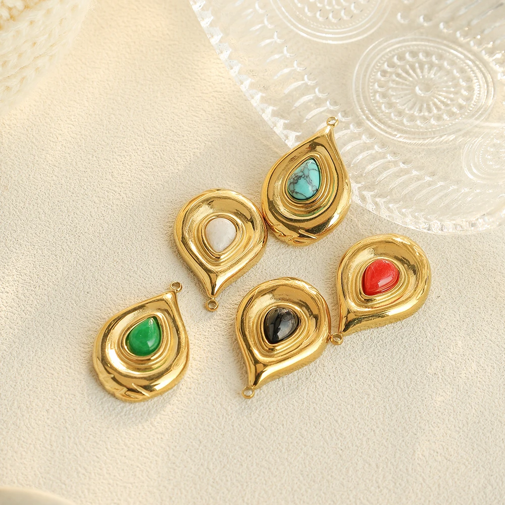 

5pcs Hot Sale Stainless Steel Water droplet natural stone pendant accessories Wholesale DIY Necklace Bracelet Modification