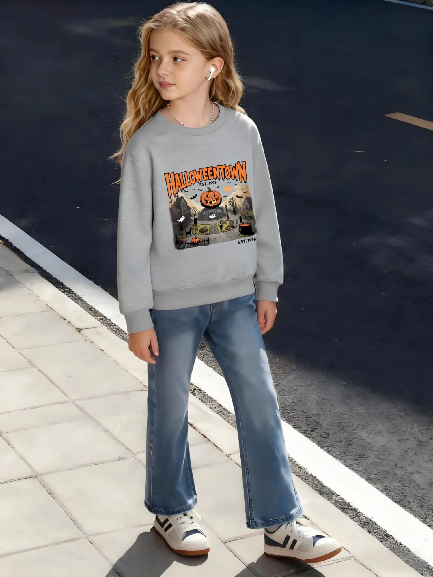 

Kids Children's Cotton Sweatshirt Halloween Town Vintage 1998 Design with Pumpkin Ghost Bat Motif for Boys Girls Spooky Retro