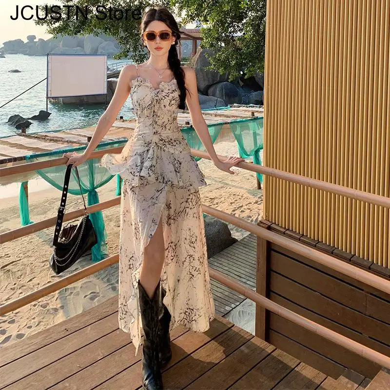 女性のシフォンドレスエレガントなプリントビーチスタイルパーティードレスセクシーなスパゲッティストラップ Vestidos 夏の新しいフリルドレス