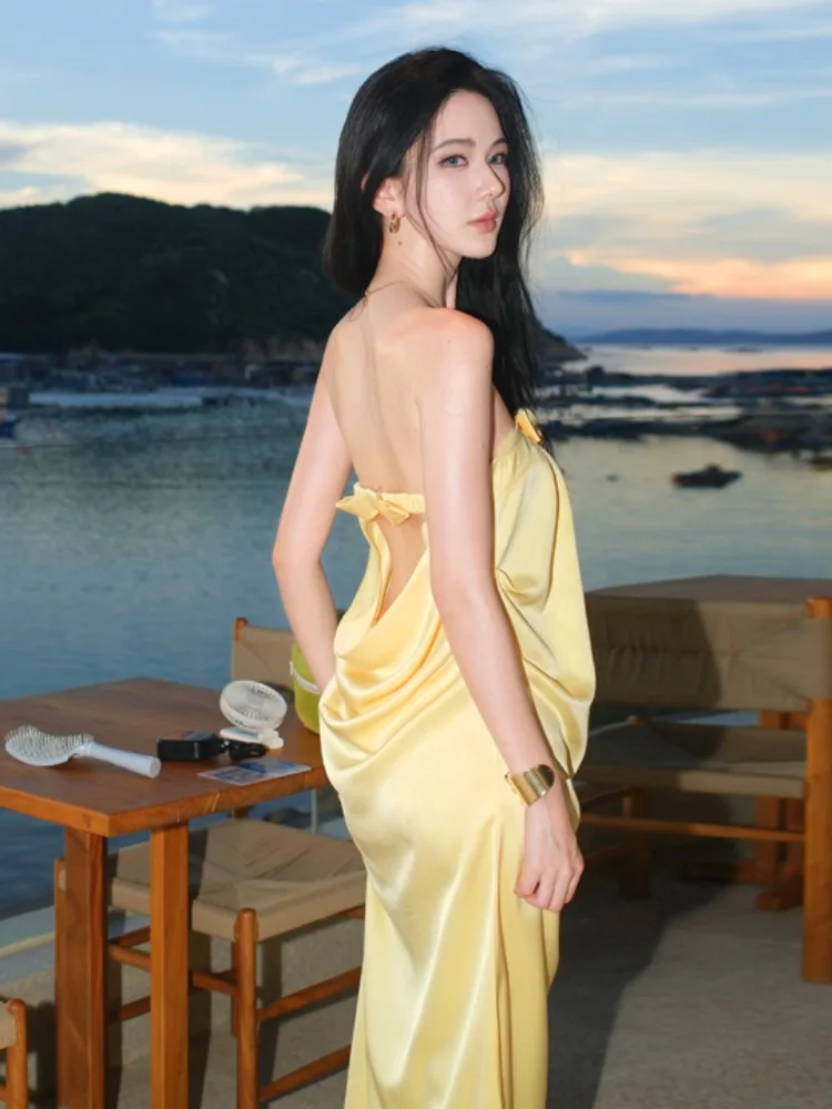 Ele Pure Desire Sexy Hollow out Bal Strapl Satin Long Dr Women's Birthday Par Dr High Waist Slim Fit