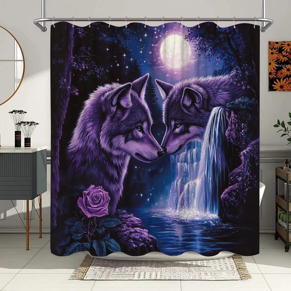Занавеска для душа Mystical Wolf — Антропоморфные волки, лунный свет, фиолетово-серый мех, звездная ночь и водопад, розовая роза, полиэстер