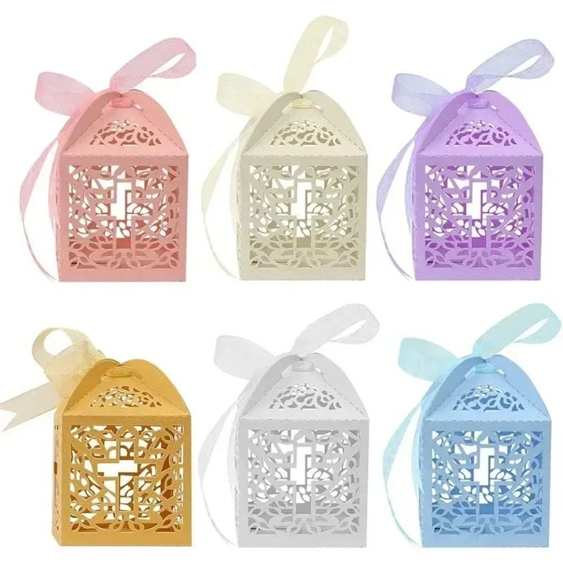 50pcs Cross Laser Cut Gift Candy Boxes Sweet Wedding Party Favor Hollow Carriage Baby Shower Favors With Ribbon Party Decoration