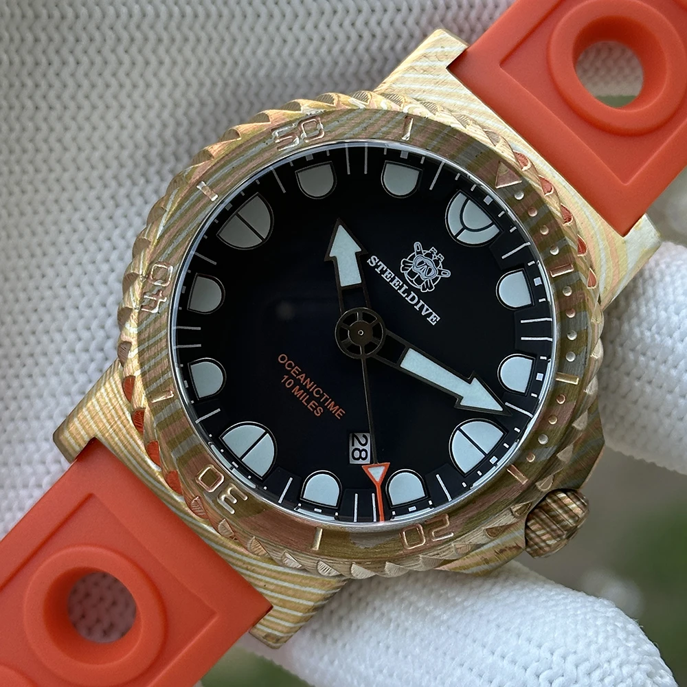 STEELDIVE Men Automatic Watch 46.5mm Bronze Timascus Mechanical Wristwatch Diver 1000ATM BGW-9 Luminous Sapphire Mirror NH35