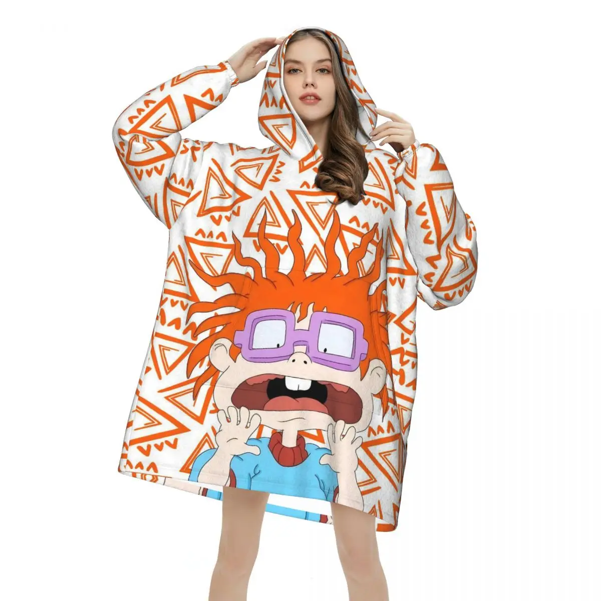 Cartoon R-Rugrats Oversized Blanket Hoodie Sweatshirt Long Fleece Hooded Wearable Blanket with Large Pocket for Women Men