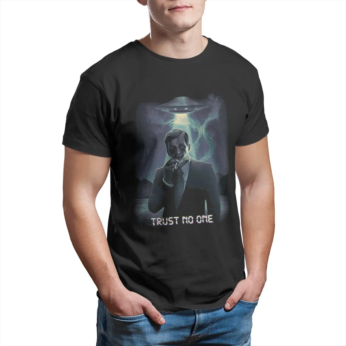 

Trust no one Cigarette Smoking Man The x files ufo horror movie Alien monsters printed T-shirt for men Plus size mens clothing