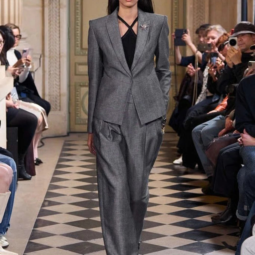 

2025 New Charcoal Gray Women's Fashion Slim FitSuit 2 Piece Set Single-Breasred Notch Lapel Office Female Clothing(Jacket+Pant)