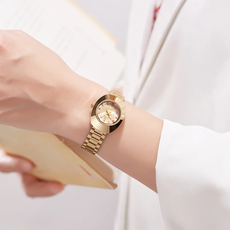 ใหม่แฟชั่นผู้หญิงนาฬิการูปไข่นาฬิกาสแตนเลสกันน้ําผู้หญิงแฟชั่นอุปกรณ์เสริมนาฬิกาข้อมือคริสต์มาสของขวัญ