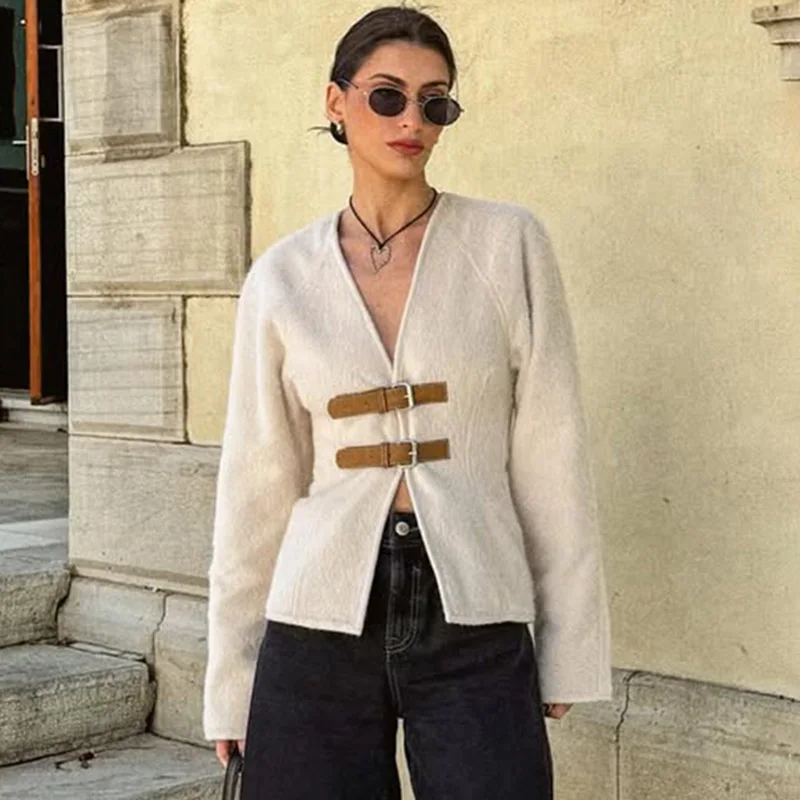 

Ticketsx Leather Buckle Wool Jacket Female Elegant V Neck Patchwork Single Breast Coat Retro New Lady Autumn Winter StreetJacket