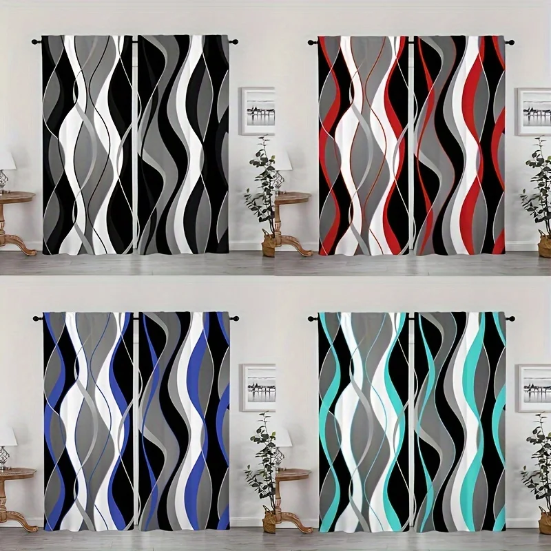 

2PC Abstract Art Striped Curtains - Black Red Blue Green Purple Line Print Rod Pocket Drapes for Home & Room Decor