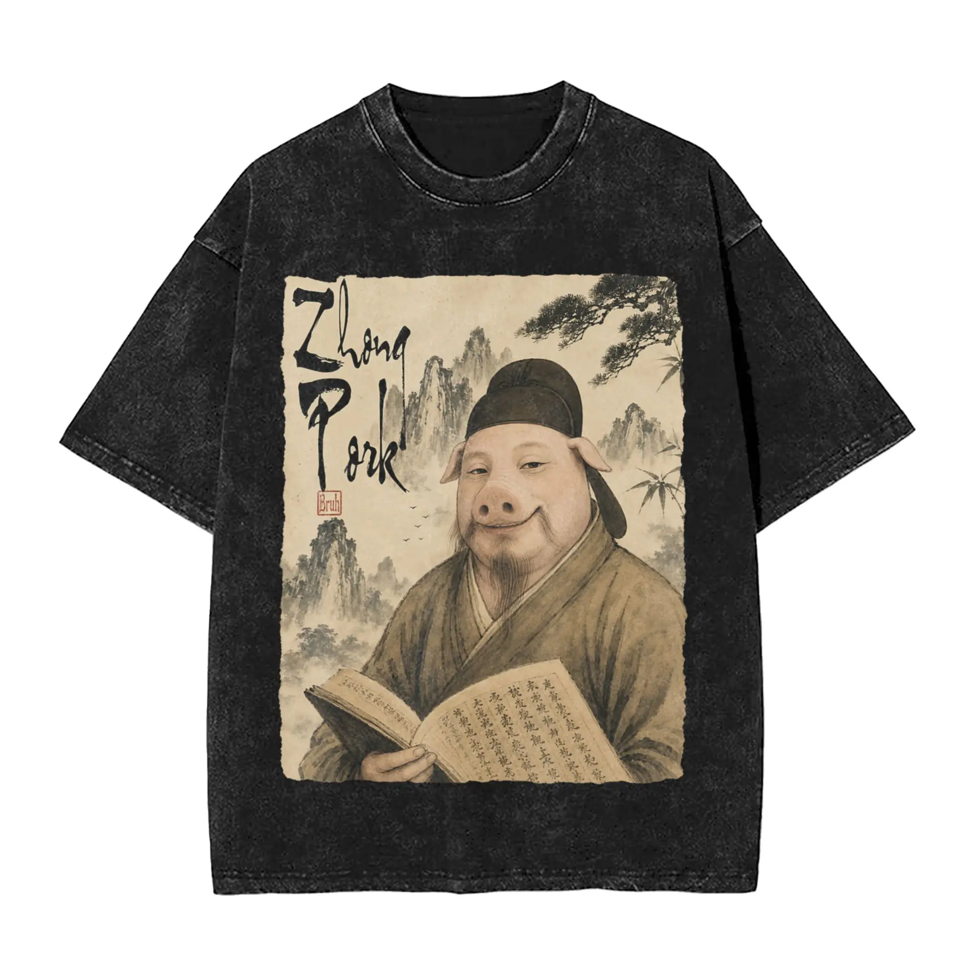 Vintage Zhong Pork Chinese Vintage Art Funny John Pork Meme T-Shirt Men Cotton T Shirts Short Sleeve Tee Shirt Plus Size Tops