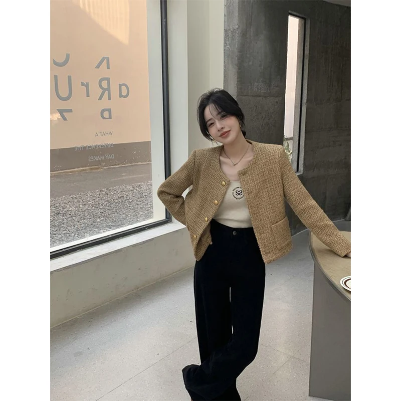 Vintage Tweed Jacket Women Cropped Quilted Coat Winter Korean Luxury Chic Outerwear Elegant Ladies Single Breasted Blazer New