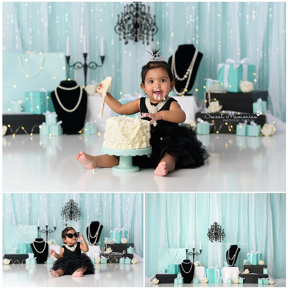 Something Tiffanys Photo Background Birthday Cake Smash Photography Backdrop Pearl Necklace White Flowers Photo Studio Props