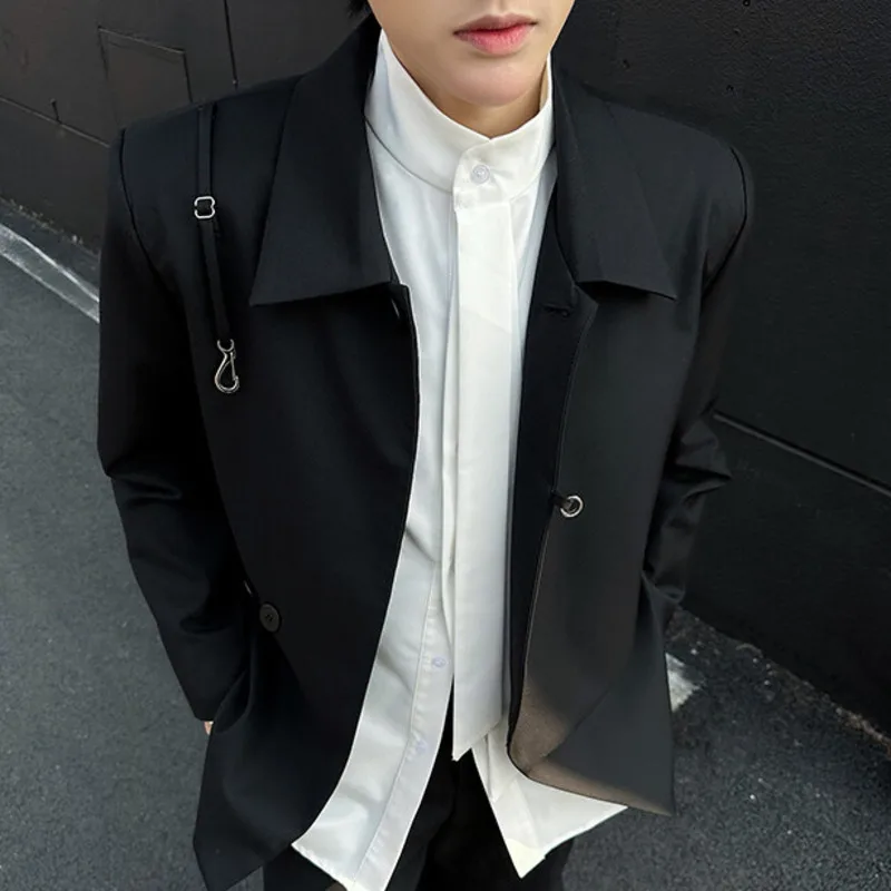 WTHT Trendy Men's Pockets Metsl Geometry Design Solid Color Blazer Coats Fashion Single Button Long Sleeves Jackets Male 2A0426