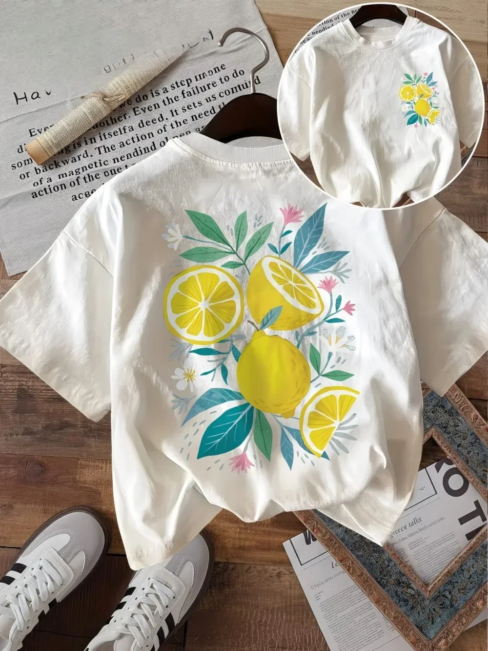 Trendy Lemon Floral Graphic T Shirt Women Retro Aesthetic Harajuku Streetwear Style Summer Casual Short Sleeve Fashionable Top