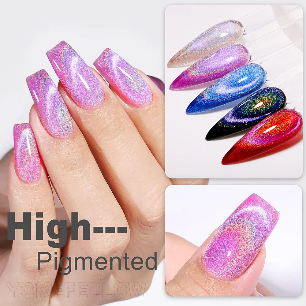 YOKEFELLOW 2023new gato olho esmalte em gel magnético 10ml 6 cores embeber fora Arco-íris Holográfico Roxo claro gel para unhas