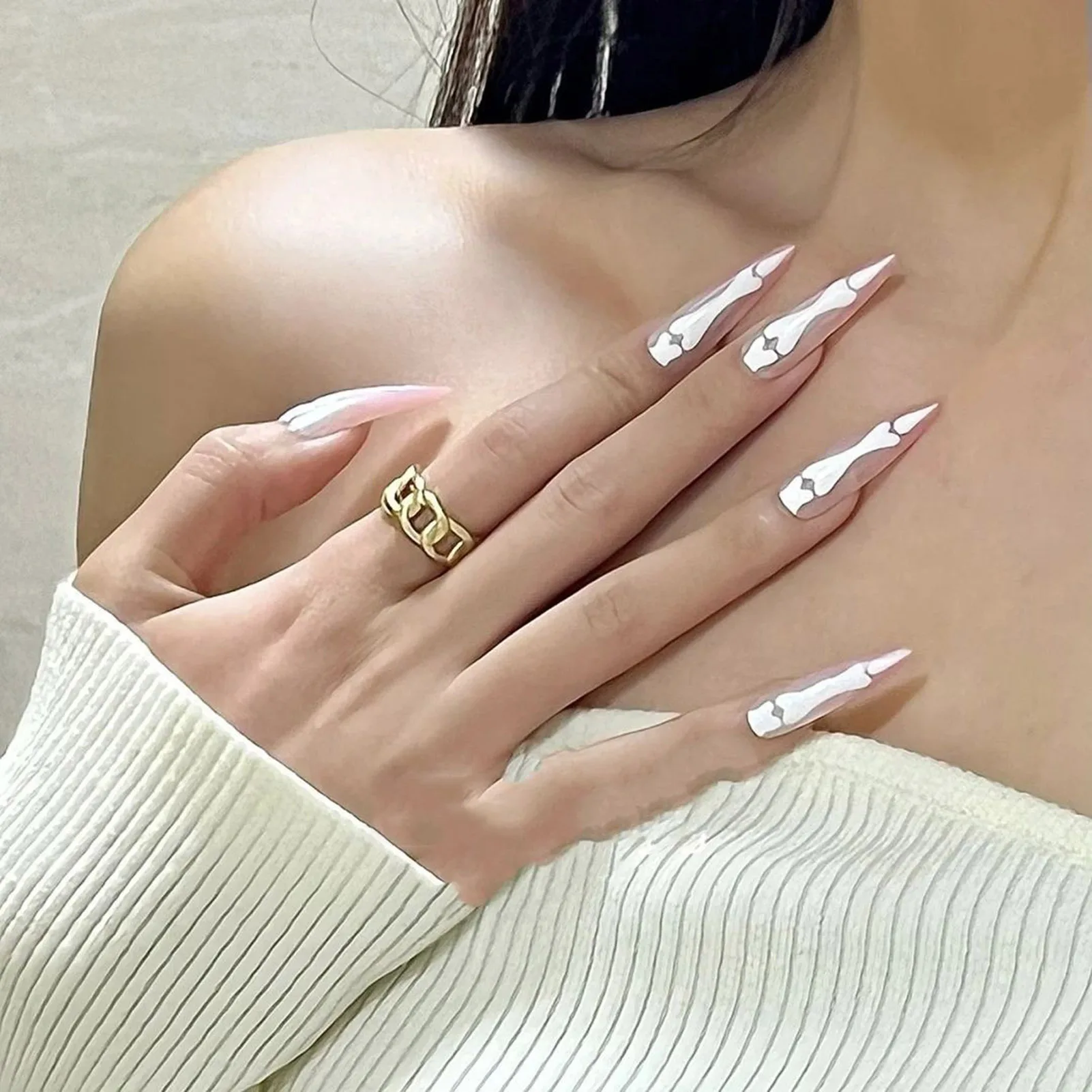 Handamde Halloween Estilo Unhas Falsas, Gradiente Garra De Gato, Osso Imprensa Nas Unhas, Wearable Long Stiletto, Dicas De Unhas Falsas para Meninas Legal