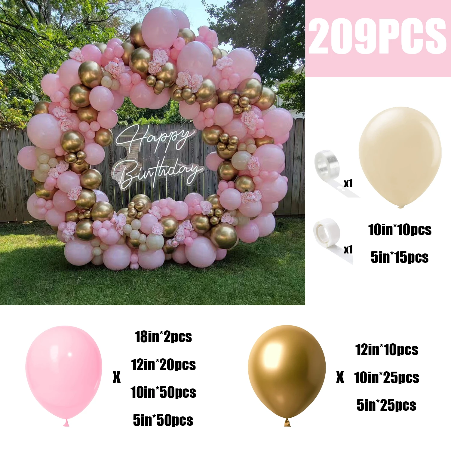 مجموعة بالونات لاتكس من اللاتكس باللون الأبيض والوردي والذهبي مكونة من 209 قطعة مناسبة لحفلات أعياد الميلاد وحفلات الزفاف وحفلات عيد الحب #2