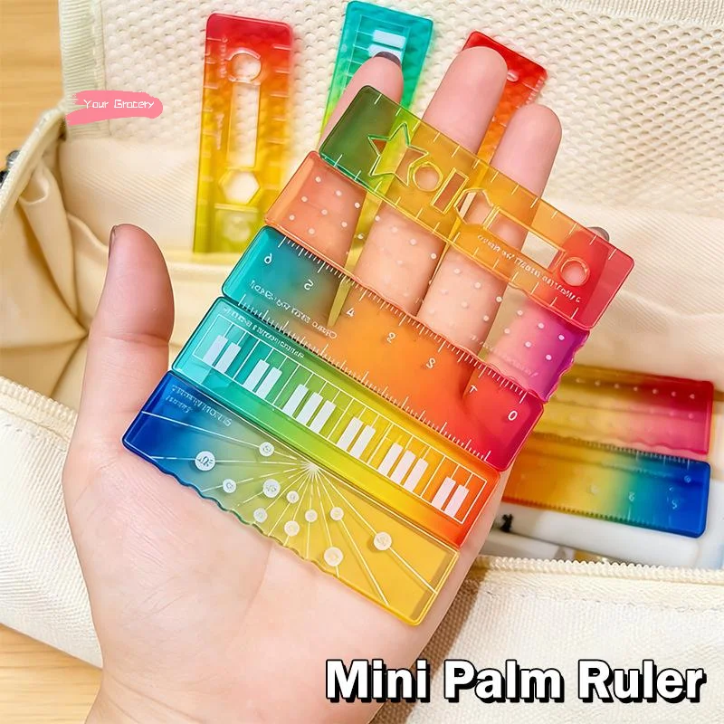 Y-5/10/50pcs Colorful Iridescent Cartoon Palm Ruler Mini Straight Ruler Student Notebook Pocket Portable Gradient Measuring Tool