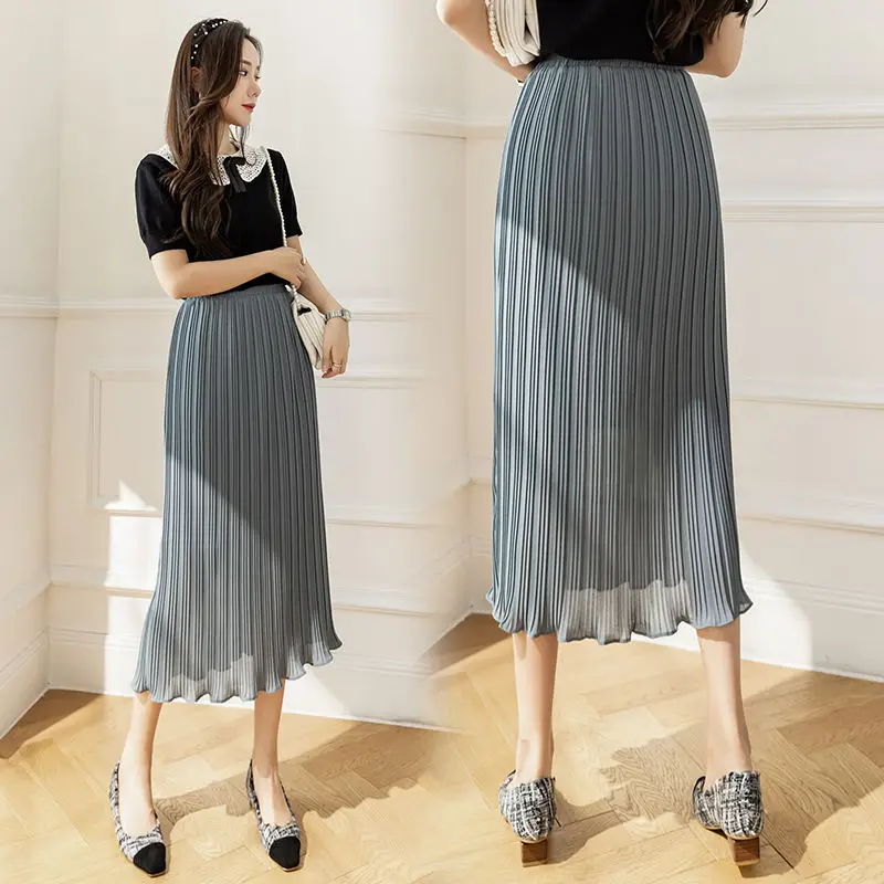 Chiffon Fashion Solid Color Pleated Skirt Women's 2023 Summer New Mid Length Classic A-line Irregular Fishtail Skirt