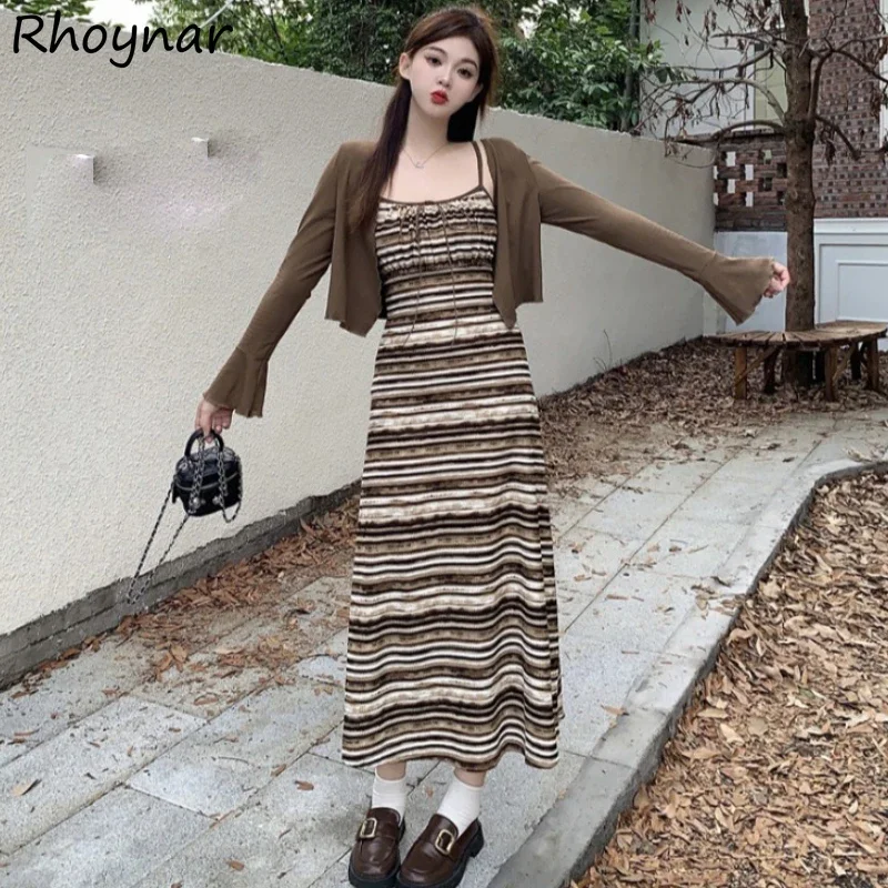 

Vintage Striped Long Dresses Sets Women French Style Ladies Trendy Sundress Autumn Simple Cropped Jackets Graceful Two Pieces