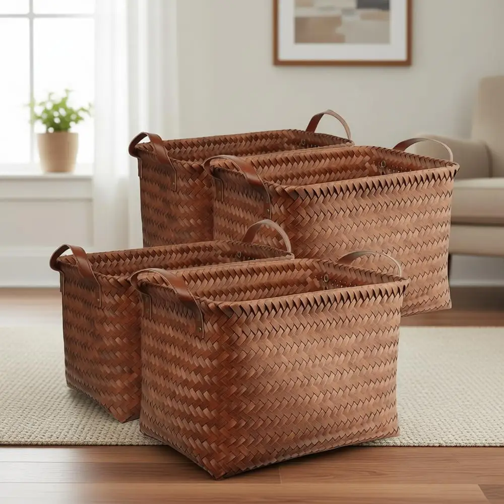 

Большой набор плетеных корзин для белья ручной работы - 4 штуки, коричневые, для спальни, ванной комнаты и хранения вещей