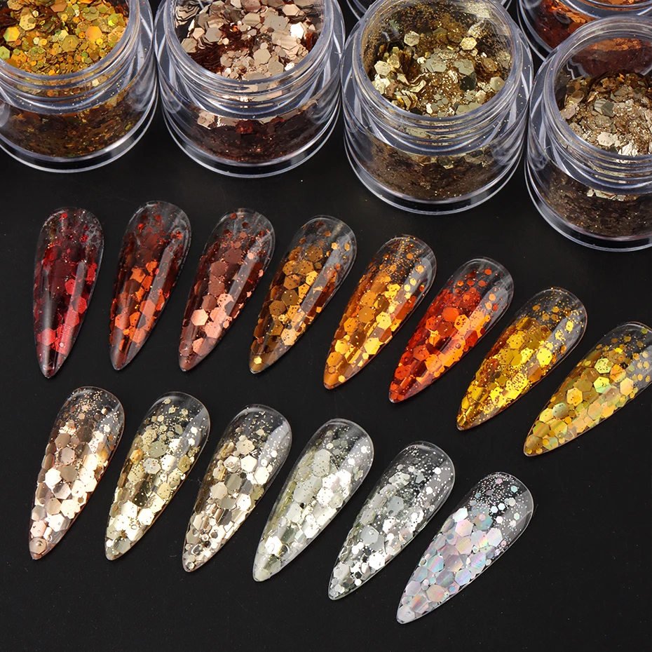 14 Uds. Lentejuelas holográficas con purpurina para uñas, copos de uñas rojos dorados con láser hexagonal grueso para impresionantes manicura y manualidades DIY