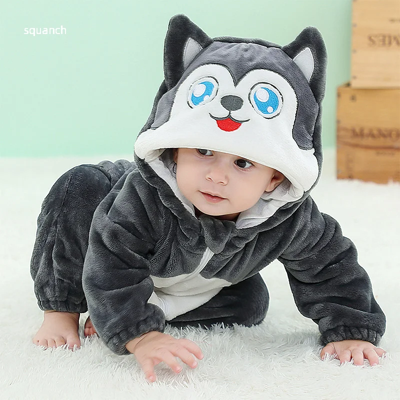 Cute Baby Husky Costume Halloween Animal Dog Cosplay Suit Boy Girl Outfit Winter Warm Clothes Bebe Festival Jumpsuit 0-3Y