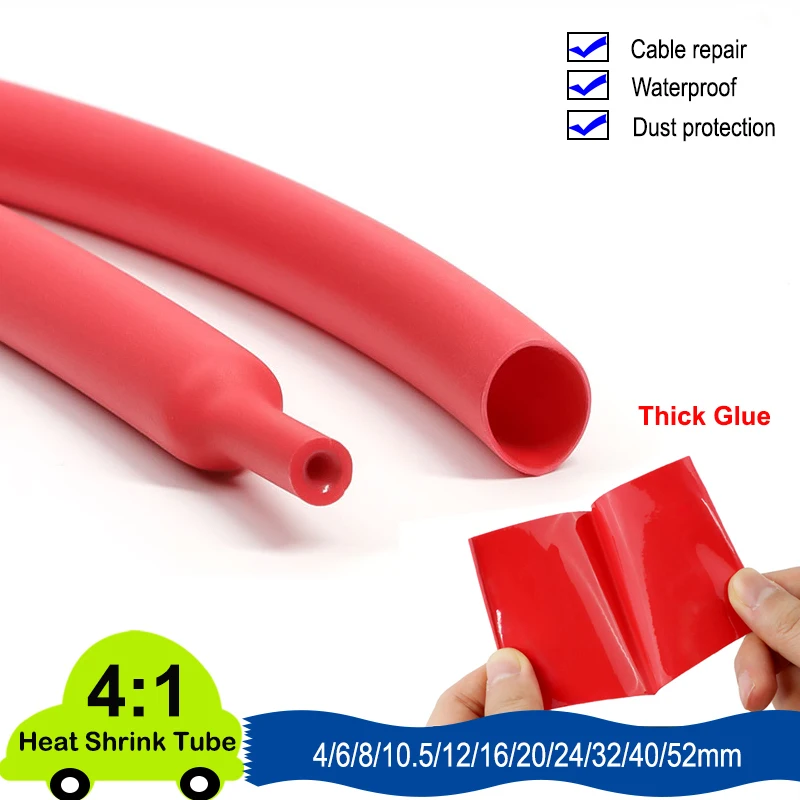 1/5/10M Red 4:1 Heat Shrink Tube With Glue Thermoretractile Heat Shrinkable Tubing Dual Wall Heat Shrink Tubing 6 8 12 16 40 52