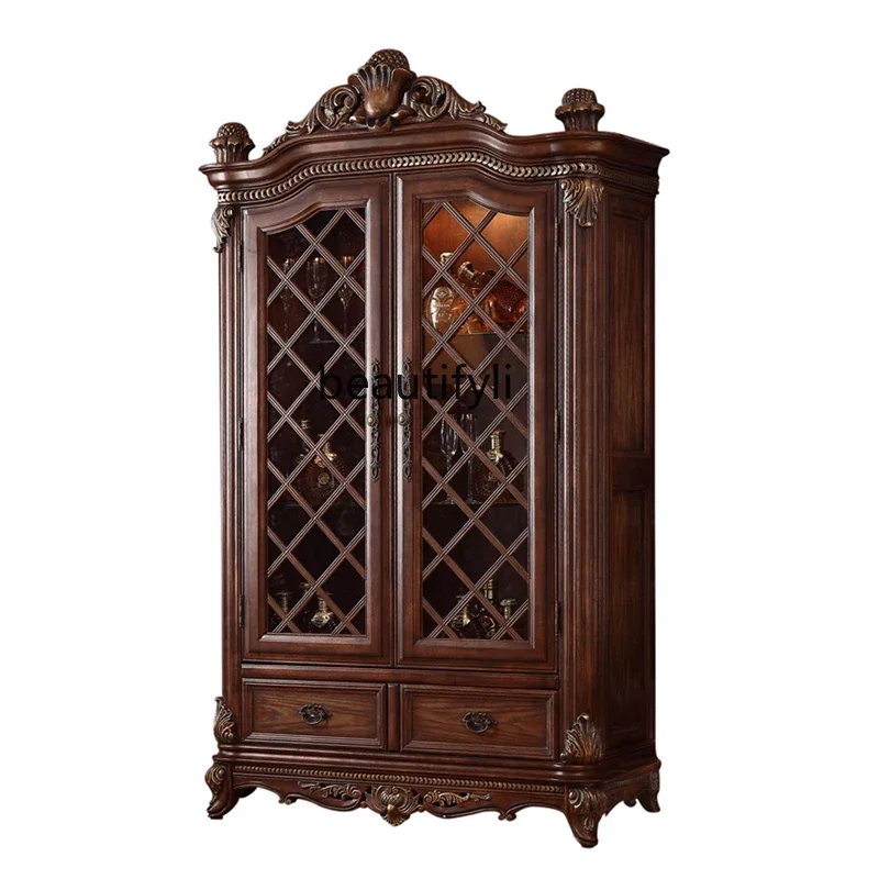 European Style Solid Wood Two-Door Living Room Dining Storage Home Display Cabinet Wall-Mounted Storage Cabinet Carved