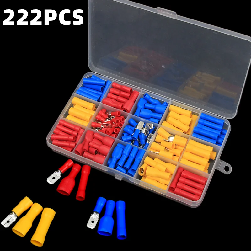 222PCS PVC Straight Butt Wire Terminals Splice Female Male Spade Connector Copper Electrical Tube Cold Press Cable Connector Set