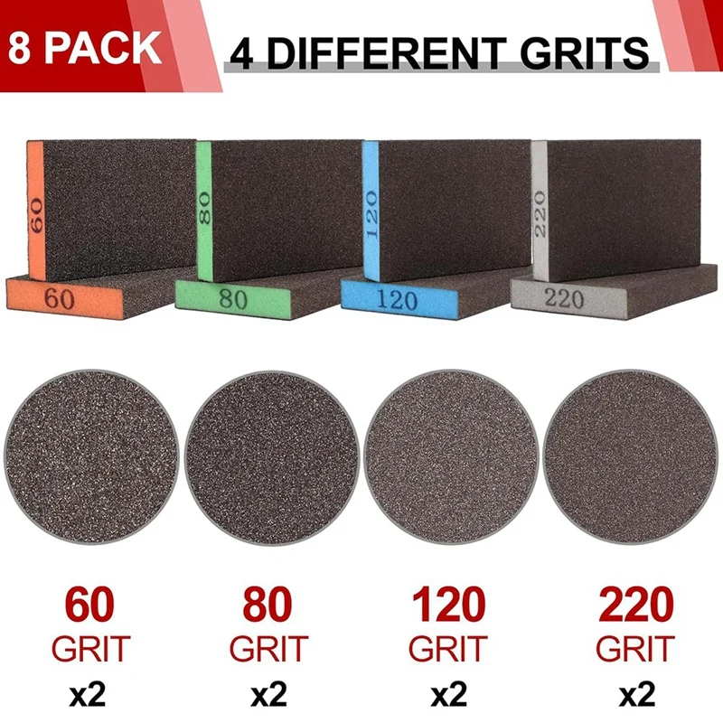 ABPQ-8 Packฟองน้ําขัด,ล้างทําความสะอาดได้และReusable Sanding BlocksสําหรับDrywallไม้เฟอร์นิเจอร์โลหะ, 60/80/120/220 กรวด