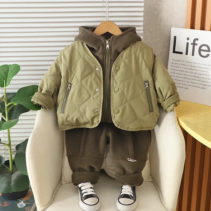 2025 Winter Boys' Thick-Layered Set Toddler Baby Fashion Warmth-Keeper Outfit Matching Hoodies Sweatshirts Sweatpants 3-Piece