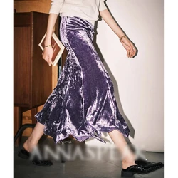 Anyan Colorful Luxury Diamond Gloss Elastic Velvet Irregular Standing Cut High Waist Fish Tail Half Skirt for Women Skirts