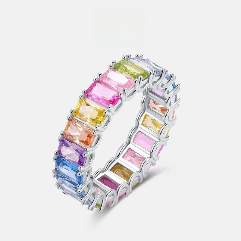 

Rainbow Zircon Ring for Women Single Row Embedded Gem S925 Silver Lightweight Luxury Fashion Jewelry