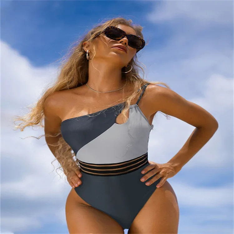 2025 European and American swimwear women's Amazon AliExpress contrasting color bikini one-piece splicing swimsuit