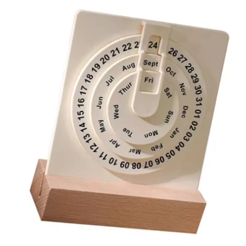 OFSS-Desk Calendar Small Rotating Desk Circular Calendar With Wooden Base Month Week Day Display Wheel Calendar