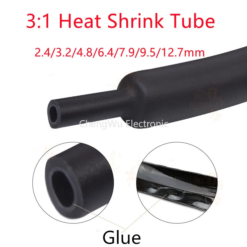 1M Black 3:1 Heat Shrink Tube With Glue Inside Diameter 2.4/3.2/4.8/6.4/7.9/9.5/12.7mm Adhesive Lined Sleeve Wrap